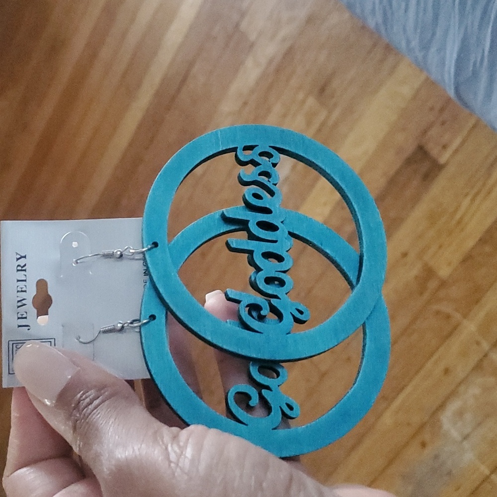 BRAND NEW Goddess wooden hoop fashion earrings,  Turquoise Blue